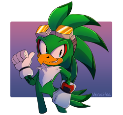 Size: 1102x1038 | Tagged: safe, artist:verocitea, jet the hawk, bird, chest fluff, clenched teeth, gloves, goggles on head, hawk, looking offscreen, male, semi-transparent background, signature, solo, standing, thumbs up