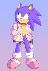 Size: 900x1328 | Tagged: safe, artist:verocitea, sonic the hedgehog, hedgehog, clenched teeth, coat, gloves, gradient background, hand in pocket, looking up, pink shoes, raised eyebrow, rose, shoes, signature, smile, socks, solo, standing