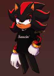 Size: 555x783 | Tagged: safe, artist:verocitea, shadow the hedgehog, hedgehog, brown background, chest fluff, clenched fist, english text, frown, gloves, hand on hip, lidded eyes, looking offscreen, male, shirt, simple background, solo, standing