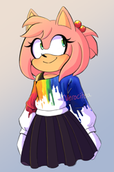 Size: 879x1329 | Tagged: safe, artist:verocitea, amy rose, hedgehog, alternate outfit, female, gradient background, looking offscreen, rainbow, shirt, skirt, smile, solo, standing