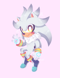 Size: 1000x1300 | Tagged: safe, artist:marleyla, silver the hedgehog, hedgehog, blushing, boots, chibi, cute, gloves, looking at viewer, mid-air, neck fluff, no outlines, pink background, silvabetes, simple background, smile, solo, waving