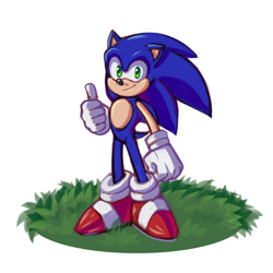 Size: 1024x1024 | Tagged: safe, artist:niranna, sonic the hedgehog, hedgehog, clenched fist, gloves, grass, looking at viewer, male, shoes, smile, socks, solo, standing, thumbs up, transparent background
