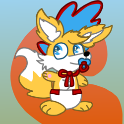 Size: 1280x1280 | Tagged: safe, artist:bluedeerfox14, miles "tails" prower, abstract background, aged down, baby, bonnet, diaper, looking offscreen, no source, pacifier, solo