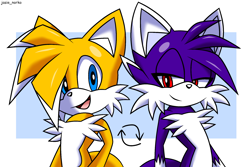 Size: 2000x1332 | Tagged: safe, artist:jasienorko, miles "tails" prower, oc, oc:jasie the fox, fox, border, chest fluff, duo, ear fluff, hair swap, lidded eyes, long bangs, looking at viewer, male, males only, mouth open, red eyes, smile, standing