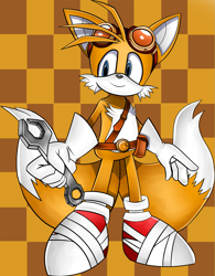 Size: 1399x1798 | Tagged: safe, artist:flam3zero, miles "tails" prower, fox, belt, checkered background, gloves, goggles on head, holding something, looking offscreen, male, shoes, smile, socks, solo, sonic boom (tv), spanner, standing
