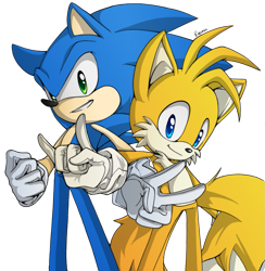 Size: 867x887 | Tagged: safe, artist:rosurin, miles "tails" prower, sonic the hedgehog, fox, hedgehog, clenched teeth, duo, gloves, horn sign, looking at viewer, male, males only, simple background, smile, standing, transparent background, v sign