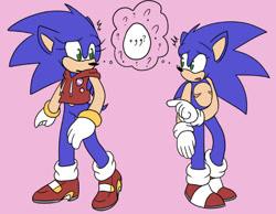 Size: 540x418 | Tagged: safe, artist:sonicaspeed123, sonic the hedgehog, hedgehog, butch lesbian pride, confused, cropped hoodie, duo, gloves, looking at each other, mouth open, pink background, pointing, pride pin, question mark, scars, self paradox, shoes, simple background, socks, top surgery scars, trans boy sonic, trans female, trans girl sonic, trans male, trans pride, transgender
