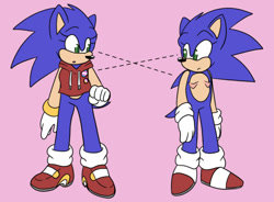 Size: 540x397 | Tagged: safe, artist:sonicaspeed123, sonic the hedgehog, hedgehog, butch lesbian pride, clenched fist, cropped hoodie, duo, gloves, looking at each other, mouth open, pink background, pride pin, question mark, scars, self paradox, shoes, simple background, socks, top surgery scars, trans boy sonic, trans female, trans girl sonic, trans male, trans pride, transgender