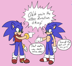 Size: 540x500 | Tagged: safe, artist:sonicaspeed123, sonic the hedgehog, hedgehog, butch lesbian pride, cropped hoodie, dialogue, duo, english text, gloves, looking at each other, mouth open, pink background, pointing, pride pin, question mark, scars, self paradox, shoes, simple background, smile, socks, speech bubble, standing, top surgery scars, trans boy sonic, trans female, trans girl sonic, trans male, trans pride, transgender