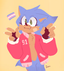 Size: 540x603 | Tagged: safe, artist:grimreaperkink, sonic the hedgehog, hedgehog, chest fluff, claws, double v sign, eyelashes, fingerless gloves, jacket, looking at viewer, no outlines, one fang, plaster, scars, signature, simple background, smile, solo, standing, top surgery scars, trans boy sonic, trans male, trans pride, transgender, yellow background