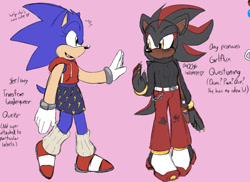 Size: 540x394 | Tagged: safe, artist:sonicaspeed123, shadow the hedgehog, sonic the hedgehog, hedgehog, alternate eye color, au:girls girls girls (sonicaspeed123), blushing, bracelet, chain, claws, cropped hoodie, duo, eyelashes, genderqueer, girlflux, gloves, lesbian, looking at each other, mouth open, pants, pink background, questioning, shoes, simple background, skirt, socks, standing, trans female, trans girl shadow, transgender, walking