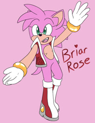 Size: 540x700 | Tagged: safe, artist:sonicaspeed123, amy rose, hedgehog, boots, character name, english text, fangs, gloves, jacket, looking ahead, mouth open, pink background, scars, simple background, socks, solo, top surgery scars, trans male, transgender, waving