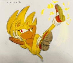 Size: 540x467 | Tagged: safe, artist:tekina-fiction, sonic the hedgehog, super sonic, hedgehog, falling, gloves, hands on own head, leg up, looking offscreen, mid-air, red eyes, shoes, simple background, socks, solo, super form, top surgery scars, traditional media, trans boy sonic, trans male, transgender