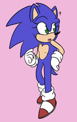 Size: 605x960 | Tagged: safe, artist:sonicaspeed123, sonic the hedgehog, hedgehog, alternate universe, au:girls girls girls (sonicaspeed123), eyelashes, genderqueer, gloves, hand on hip, heart chest, looking behind, mouth open, pink background, shoes, simple background, socks, solo, standing, trans female, trans girl sonic, transgender