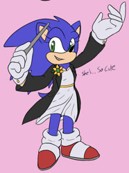 Size: 540x724 | Tagged: safe, artist:sonicaspeed123, sonic the hedgehog, hedgehog, au:girls girls girls (sonicaspeed123), baton, clenched teeth, coat, dialogue, dress, eyelashes, flower, genderqueer, gloves, lipstick, looking offscreen, pink background, shoes, simple background, smile, socks, solo, standing, trans female, trans girl sonic, transgender