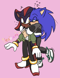 Size: 540x698 | Tagged: safe, artist:sonicaspeed123, shadow the hedgehog, sonic the hedgehog, hedgehog, au:girls girls girls (sonicaspeed123), blushing, coat, crop jacket, duo, english text, frown, genderqueer, girlflux, gloves, gloves off, hearts, hugging from behind, lesbian, lidded eyes, looking at each other, pants, pink background, shadow x sonic, shipping, shoes, simple background, smile, surprised, trans female, trans girl shadow, trans girl sonic, transgender, wink