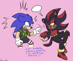 Size: 540x455 | Tagged: safe, artist:sonicaspeed123, shadow the hedgehog, sonic the hedgehog, hedgehog, au:girls girls girls (sonicaspeed123), crying, duo, eyelashes, genderqueer, girlflux, gloves, hand on own knee, lidded eyes, looking at them, looking down, mouth open, one fang, pants, shirt, shoes, sitting, skirt, socks, speech bubble, standing, tears of exhaustion, tired, trans female, trans girl shadow, trans girl sonic, transgender