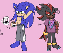 Size: 540x452 | Tagged: safe, artist:sonicaspeed123, shadow the hedgehog, sonic the hedgehog, hedgehog, au:girls girls girls (sonicaspeed123), barefoot, chest fluff, claws, cup, duo, english text, eyelashes, floppy ears, frown, genderqueer, girlflux, gloves off, hand behind head, heart chest, holding something, lidded eyes, looking offscreen, pants, pink background, pout, shirt, simple background, standing, stuffed animal, sweatdrop, tea, tired, trans female, trans girl shadow, trans girl sonic, transgender