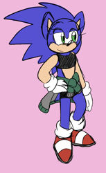 Size: 589x960 | Tagged: safe, artist:sonicaspeed123, sonic the hedgehog, hedgehog, alternate universe, au:girls girls girls (sonicaspeed123), crop top, eyelashes, genderqueer, gloves, hand on hip, jacket around waist, lidded eyes, looking offscreen, pink background, shoes, shorts, simple background, smile, socks, solo, trans female, trans girl sonic, transgender