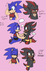 Size: 618x960 | Tagged: safe, artist:sonicaspeed123, shadow the hedgehog, sonic the hedgehog, hedgehog, ..., au:girls girls girls (sonicaspeed123), barefoot, blushing, chest fluff, claws, crop top, crying, duo, english text, eyelashes, eyes closed, genderqueer, girlflux, hearts, insecure, kneeling, lesbian, looking at each other, looking offscreen, musical notes, pawpads, pink background, shadow x sonic, shaver, shaving, shipping, shorts, simple background, speech bubble, standing, tears of happiness, trans female, trans girl shadow, trans girl sonic, transgender, wink