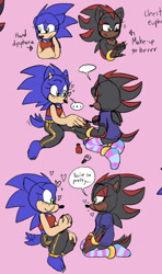Size: 568x960 | Tagged: safe, artist:sonicaspeed123, shadow the hedgehog, sonic the hedgehog, hedgehog, alternate universe, au:girls girls girls (sonicaspeed123), barefoot, blushing, claws, clenched fists, crop top, dialogue, duo, english text, eyelashes, frown, genderqueer, girlflux, hearts, holding another's hand, kneeling, lidded eyes, long socks, looking at each other, looking offscreen, nail varnish, painting nails, pants, pink background, shadow x sonic, shipping, shirt, simple background, sitting, smile, speech bubble, trans female, trans girl shadow, trans girl sonic, transgender, wagging tail, wall of tags