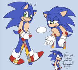 Size: 540x489 | Tagged: safe, artist:sonicaspeed123, sonic the hedgehog, hedgehog, blue background, clenched teeth, crutches, dialogue, disabled, english text, gloves, lidded eyes, looking at viewer, looking down, male, mouth open, one fang, pointing, shoes, simple background, smile, socks, solo, speech bubble, sweatdrop, walking