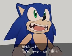 Size: 1023x796 | Tagged: safe, artist:dandimango, sonic the hedgehog, hedgehog, sonic adventure, dialogue, faic, fangs, gloves, grey background, looking up, male, mouth open, redraw, simple background, solo, standing