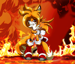 Size: 900x779 | Tagged: semi-grimdark, artist:silveralchemist09, miles "tails" prower, fox, fanfic:sonic the return, abstract background, angry, bleeding, bleeding from eye, bleeding from mouth, blood, blood stain, bloodshot eye, boots, bruise, chest fluff, clenched fists, clenched teeth, deviantart watermark, eyes clipping through hair, fanfiction art, fight, fire, gloves, injured, long hair, male, older, scratch (injury), smoke, socks, solo, standing, watermark, wound