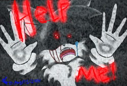 Size: 1356x920 | Tagged: semi-grimdark, artist:candysugarskullgirl9, miles "tails" prower, oc, oc:tails.exe, fox, black background, black sclera, bleeding from eye, blood, chest fluff, crying, dialogue, english text, gloves, hands on wall, looking up, male, mouth open, one fang, red eyes, shouting, simple background, solo, speedpaint in description, standing, static, tears of fear