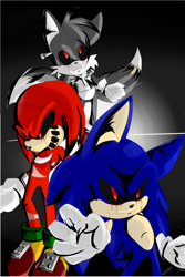 Size: 1002x1503 | Tagged: semi-grimdark, artist:flamiedewynter, knuckles the echidna, miles "tails" prower, sonic the hedgehog, oc, oc:knuckles.exe, oc:sonic.exe, oc:tails.exe, echidna, fox, hedgehog, black sclera, bleeding, bleeding from eyes, blood, chest fluff, claws, edit, flying, frown, gloves, male, males only, mid-air, nail, red eyes, shoes, smile, standing, stitches, team sonic, trio