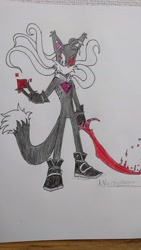 Size: 3096x5504 | Tagged: safe, artist:anuchallenger, miles "tails" prower, fox, cube, evil, glitch, gloves, holding something, infinite tails, looking at viewer, male, neck fluff, phantom ruby, red sclera, shoes, smile, solo, standing, sword, traditional media