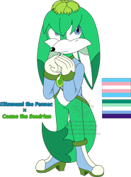 Size: 1160x1569 | Tagged: safe, artist:matttheenby, oc, hybrid, seedrian, boots, colored tail, english text, fankid, fennec, frown, gay, gloves, hair over eyes, jacket, long ears, looking offscreen, male, mlm pride, no shading, parent:cosmo, parent:kit, parents:coskit, pride flag, shy, solo, standing, tail between legs, trans male, trans pride, transgender, transparent background, unnamed oc