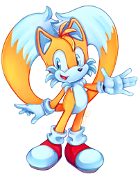 Size: 1191x1500 | Tagged: safe, artist:minorinu, miles "tails" prower, fox, chest fluff, gloves, looking at viewer, male, mouth open, shoes, signature, simple background, smile, socks, solo, standing, transparent background, waving