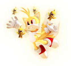 Size: 425x391 | Tagged: safe, artist:sonitles, flicky, miles "tails" prower, super tails, bird, fox, 3d, ambiguous gender, angry, clenched teeth, color edit, flying, glowing, group, looking at viewer, looking offscreen, mid-air, reaching up, red eyes, simple background, solo focus, super form, transparent background