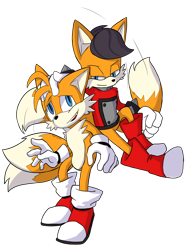 Size: 1280x1697 | Tagged: safe, artist:gaycoonie, miles "tails" prower, miles (anti-mobius), fox, boots, duo, gloves, hand on another's head, lidded eyes, looking at each other, male, males only, mid-air, mouth open, one fang, shoes, simple background, sitting, smile, socks, standing, transparent background
