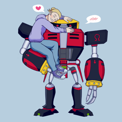 Size: 960x960 | Tagged: safe, artist:fizzysoda_art, e-123 omega, oc, human, ambiguous gender, blue background, canon x oc, duo, eyes closed, heart, holding them, hoodie, hugging, looking at viewer, pants, robot, simple background, sneakers, standing, unknown oc