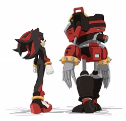 Size: 2048x1962 | Tagged: safe, artist:emilyhuante, e-123 omega, shadow the hedgehog, hedgehog, back view, duo, gloves, lidded eyes, looking at each other, male, males only, robot, shoes, simple background, standing, white background