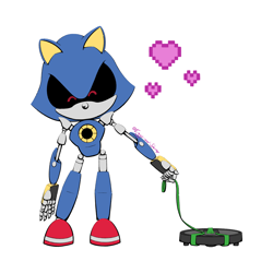 Size: 3000x3000 | Tagged: safe, artist:eggs-and-shrimp, metal sonic, duo, eyes closed, happy, hearts, leash, male, males only, pet, robot, roomba, smile, smiling, standing