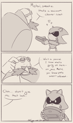 Size: 3000x5000 | Tagged: safe, artist:eggs-and-shrimp, metal sonic, robotnik, human, comic, dialogue, duo, glasses, gloves, goggles, goggles on head, looking at each other, male, males only, monochrome, pet, robot, roomba, scratching, simple background, talking