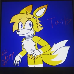 Size: 2988x2988 | Tagged: safe, artist:sirwoomy, miles "tails" prower, fox, animatronic, blue background, border, character name, chest fluff, colored ears, crossover, english text, eye clipping through hair, five nights at freddy's, looking at viewer, male, simple background, smile, solo, standing, style emulation