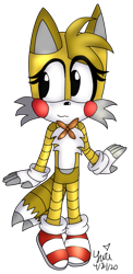 Size: 559x1144 | Tagged: safe, artist:yuriharu567, miles "tails" prower, oc, oc:toy tails, fox, animatronic, bowtie, crossover, cute, eye clipping through hair, eyelashes, five nights at freddy's, gloves, looking offscreen, male, shoes, signature, simple background, smile, socks, solo, standing, style emulation, tailabetes, transparent background