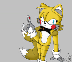 Size: 1280x1099 | Tagged: safe, artist:shumkayuen, miles "tails" prower, oc, oc:toy tails, fox, 2021, animatronic, bowtie, crossover, eye clipping through hair, eyelashes, five nights at freddy's, from above, gloves, grey background, looking at viewer, male, signature, simple background, smile, socks, solo, standing, sticker, style emulation