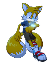 Size: 900x1050 | Tagged: safe, artist:lali-lop, miles "tails" prower, fox, clenched fist, crossover, fazwatch, five nights at freddy's, gloves off, gregory (fnaf), looking at something, male, mouth open, shirt, shoes, shorts, simple background, solo, standing on one leg, transparent background