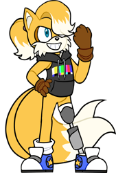 Size: 540x797 | Tagged: safe, artist:bearisweet, oc, oc:micheal "mikey" prower, fox, amputee, clenched fist, clenched teeth, disabled, gloves, hair over one eye, hoodie, looking offscreen, male, ponytail, shoes, simple background, smile, socks, solo, transparent background, two tails