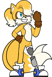 Size: 540x797 | Tagged: safe, artist:bearisweet, oc, oc:micheal "mikey" prower, fox, alternate version, amputee, backstory in description, chest fluff, clenched fist, clenched teeth, disabled, gloves, hair over one eye, looking offscreen, male, ponytail, shoes, simple background, smile, socks, solo, transparent background, two tails