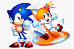 Size: 600x400 | Tagged: artist needed, safe, miles "tails" prower, sonic the hedgehog, fox, arms out, classic sonic, classic style, classic tails, clenched fists, duo, flying, gloves, looking at viewer, male, males only, mouth open, shoes, simple background, socks, sonic 2 hd (fanproject), spinning tails, standing, white background