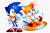Size: 600x400 | Tagged: artist needed, safe, miles "tails" prower, sonic the hedgehog, fox, arms out, classic sonic, classic sonic (universe), classic style, classic tails, clenched fists, duo, flying, gloves, looking at viewer, male, males only, mouth open, shoes, simple background, socks, sonic 2 hd (fanproject), spinning tails, standing, white background