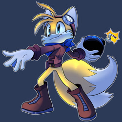 Size: 894x894 | Tagged: safe, artist:veeloopz, miles "tails" prower, fox, aged up, aviator jacket, bandana, bomb, boots, gloves, goggles, goggles on head, holding something, looking ahead, male, older, outline, purple background, simple background, smile, solo, standing, tails adventure armada (fanproject), this will end in property damage
