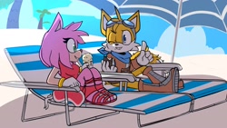 Size: 1920x1080 | Tagged: safe, artist:flamingwaffels, amy rose, miles "tails" prower, fox, hedgehog, abstract background, aviator jacket, bandana, beach, boots, clouds, dress, duo, eyelashes, female, gloves, goggles, goggles on head, holding something, ice cream, looking at each other, male, outdoors, palm tree, pointing, sand, sandals, sitting, summer, tails adventure armada (fanproject), umbrella, wink