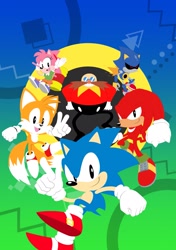 Size: 1445x2048 | Tagged: safe, artist:rocketpow, metal sonic, miles "tails" prower, robotnik, sonic the hedgehog, echidna, fox, hedgehog, human, sonic origins, abstract background, arms out, classic amy, classic robotnik, classic sonic, classic tails, clenched fists, female, gloves, group, hands on hips, looking at viewer, male, mid-air, mouth open, pointing, ring, robot, shoes, smile, socks, v sign